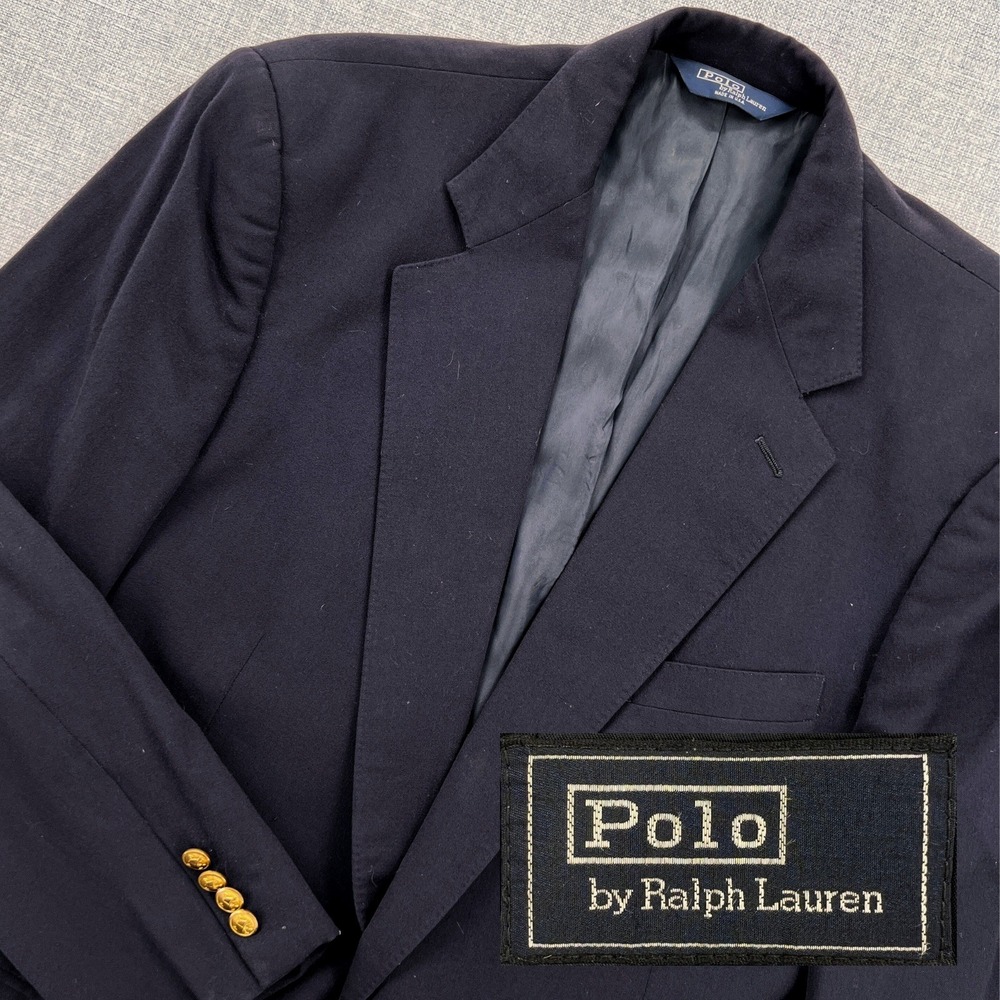 VTG‎ 90s Polo Ralph Lauren Navy Wool Blazer Gold Crest Buttons Men 42L Ivy USA